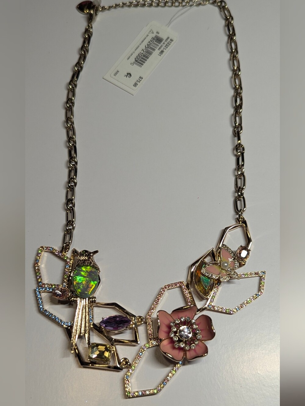 Betsey Johnson Pink Floral Crystal Statement Necklace with Iridescent Accents